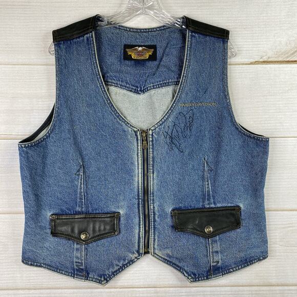 Vtg Harley-Davidson Vest Women XL Signed by Kaptain Robbie Knievel Denim Leather